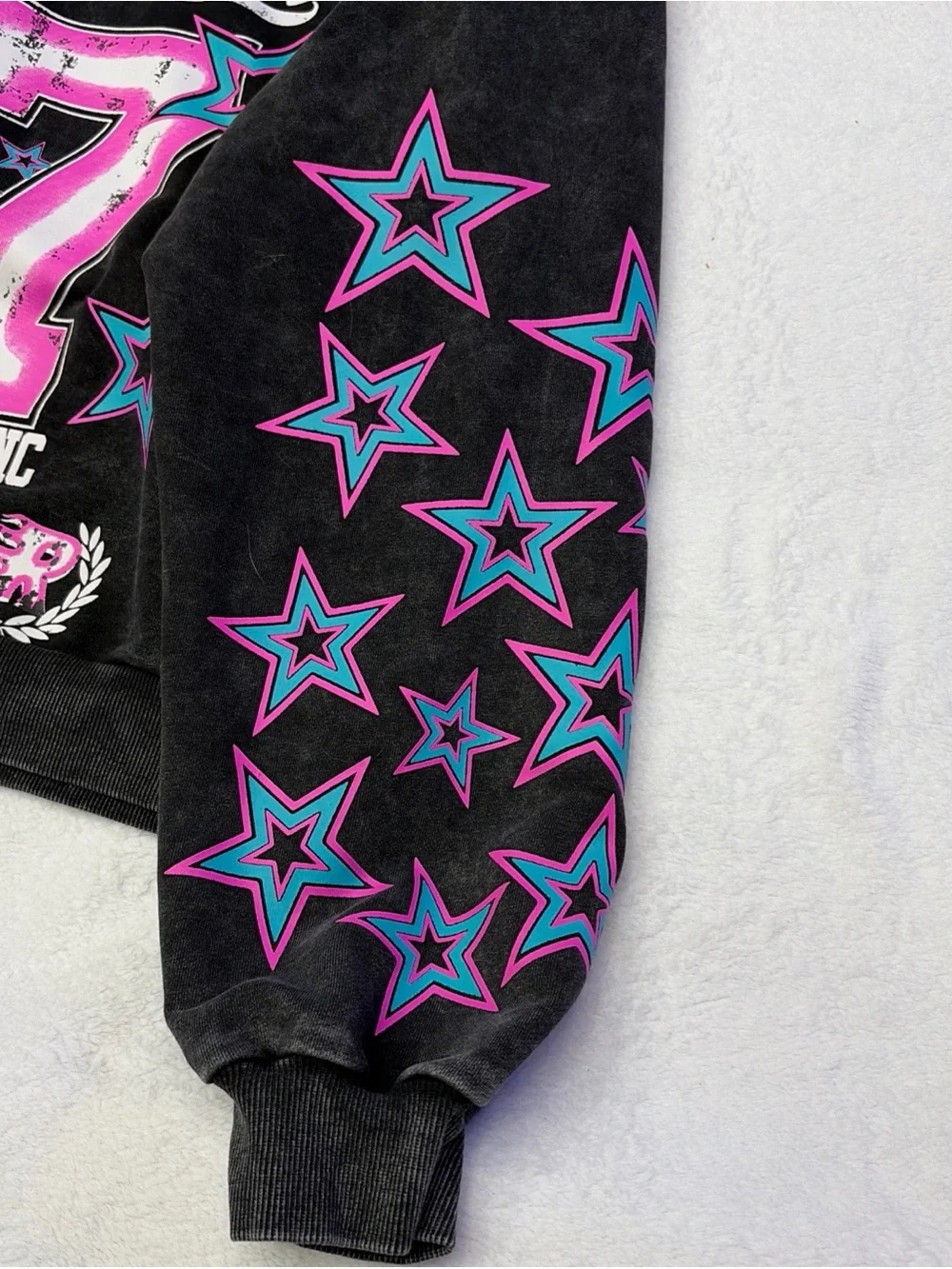 Radiant Worldwide '77 Graphic Hoodie - Black with Pink & Teal Accents